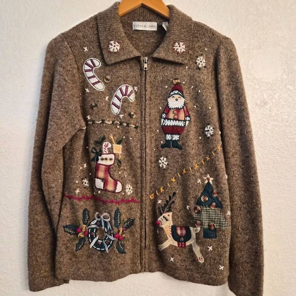 Vintage Victoria Jones Zippered Christmas X-Mas Holiday Cardigan Ugly Sweater